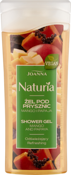 Wegański żel pod prysznic Joanna Naturia Mango i Papaja w pomarańczowej butelce z etykietą przedstawiającą owoce, widok z przodu.