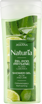 Joanna Naturia żel pod prysznic aloes i limonka, zielona butelka z grafiką aloesu i limonek, widok z przodu.
