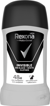 Rexona Men Invisible Black & White, antyperspirant w sztyfcie 48H, czarno-szare opakowanie, centralny widok.