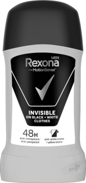 Rexona Men Invisible Black & White, antyperspirant w sztyfcie 48H, czarno-szare opakowanie, centralny widok.