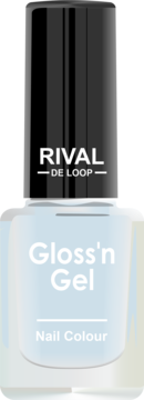 Pionowa butelka lakieru Rival de Loop Gloss'n Gel, odcień 08, pastelowy błękit, z czarną nakrętką.