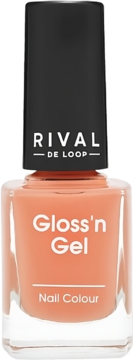 Lakier Rival de Loop Gloss'n Gel, brzoskwiniowy kolor w kwadratowej butelce z czarną nakrętką, widok z przodu.