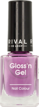 Lakier do paznokci Rival de Loop Gloss'n Gel nr 11, liliowy. Szklana butelka z czarną nakrętką, widok z przodu.