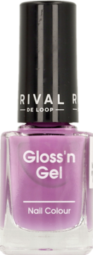 Lakier do paznokci Rival de Loop Gloss'n Gel nr 11, liliowy. Szklana butelka z czarną nakrętką, widok z przodu.