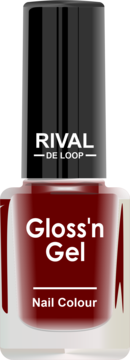 Rival de Loop Gloss'n Gel, intensywny czerwony lakier do paznokci w smukłej butelce, widok z przodu.