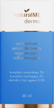 NaturalME dermo Ceramidowe serum do twarzy regenerujące w niebiesko-białym opakowaniu 30 ml, widok z przodu.