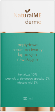 NaturalME dermo peptydowe serum do twarzy łagodząco-nawilżające. Biało-turkusowa butelka 30ml, widok z przodu.