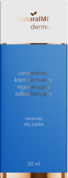 NaturalME dermo ceramidowy krem do twarzy regenerująco-odbudowujący 50ml, opakowanie biało-niebieskie, widok przód.