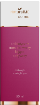 Różowe opakowanie NaturalME dermo: prebiotyczny krem do twarzy kojąco-odżywczy 50ml ze złotym tekstem.