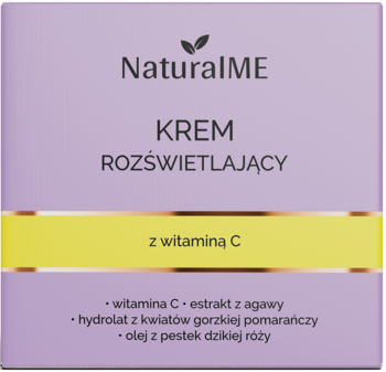 Fioletowe opakowanie kremu NaturalME Rozświetlający z witaminą C, z żółtym pasem i napisami. Widok z przodu.