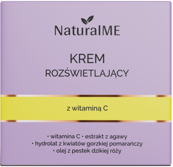 Fioletowe opakowanie kremu NaturalME Rozświetlający z witaminą C, z żółtym pasem i napisami. Widok z przodu.