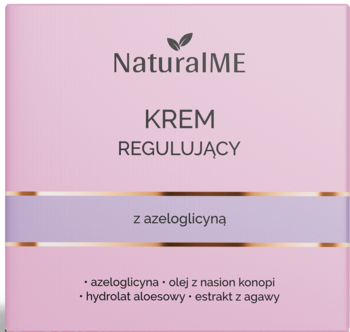 NaturalME krem regulujący z azeloglicyną, w różowym pudełku z lawendową opaską, widok z przodu.