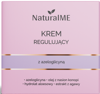NaturalME krem regulujący z azeloglicyną, w różowym pudełku z lawendową opaską, widok z przodu.