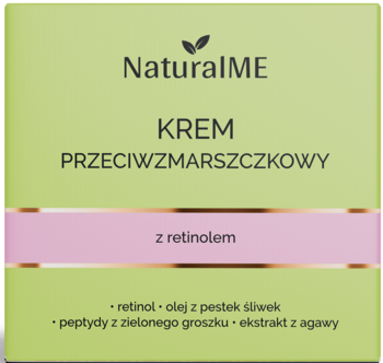 Zielony krem NaturalME przeciwzmarszczkowy z retinolem, pudełko z różowym paskiem, widok z przodu.