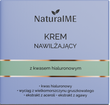 Krem nawilżający NaturalME z kwasem hialuronowym, w fioletowym pudełku ze złotym paskiem. Widok z przodu.