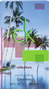 Calvin Klein CK One Reflections woda toaletowa, pudełko z grafika palm i wodnych odbić, zielono-niebieskie logo.