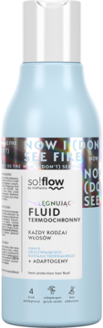 Fluid termoochronny so!flow w jasnoniebieskiej butelce z białą nakrętką, widok z przodu, do wszystkich typów włosów.