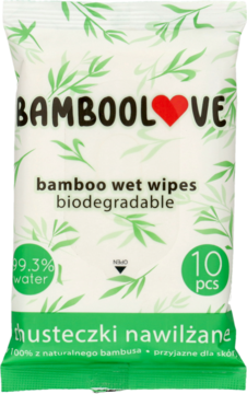 Bamboolove biodegradowalne chusteczki nawilżane z bambusa, 10 szt., białe opakowanie z zielonymi liśćmi, widok z przodu.