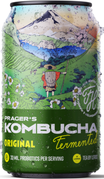 Puszka Prager's Kombucha Original, zielono-biała etykieta z górskim krajobrazem, podróżnikiem i 33 mln probiotyków.