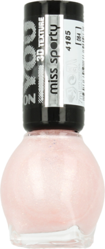Miss Sporty lakier do paznokci 4185, jasnoróżowy z brokatem, matowa tekstura 3D, widok z przodu.