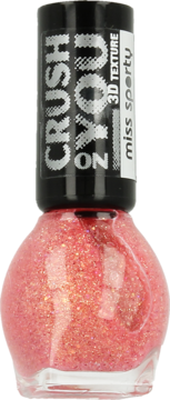 Pionowy widok lakieru Miss Sporty Crush On You 3D Texture w brokacie, różowo-koralowy odcień.