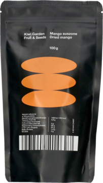Matowa czarna torebka Kiwi Garden z suszonym mango 100g, z trzema pomarańczowymi owalami, widok z przodu.
