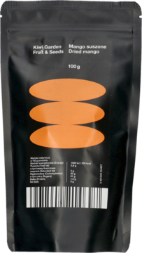 Matowa czarna torebka Kiwi Garden z suszonym mango 100g, z trzema pomarańczowymi owalami, widok z przodu.