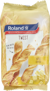 Roland Twist CHEESE 100g, kręcone złociste ciasto francuskie z serem w beżowej torebce, front opakowania.