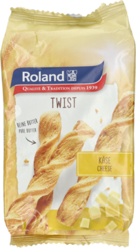 Roland Twist CHEESE 100g, kręcone złociste ciasto francuskie z serem w beżowej torebce, front opakowania.