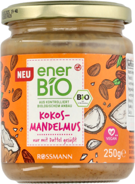 Słoik enerBio KOKOS-MANDELMUS 250g, wegański mus kokosowo-migdałowy słodzony daktylami, z pomarańczową etykietą.
