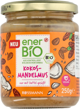 Słoik enerBio KOKOS-MANDELMUS 250g, wegański mus kokosowo-migdałowy słodzony daktylami, z pomarańczową etykietą.