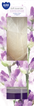 AURA Soft lavender Scented Diffuser z teksturą liścia, na tle purpurowych kwiatów lawendy, z widocznym płynem.