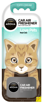 Aroma Toffi Cream car air freshener, shaped like a ginger cat head, with "Love Pets" text, front view.