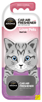 Aroma Car air freshener, cat-shaped, with grey tabby illustration, pink-lilac packaging, Red Coral scent, front view.