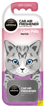 Aroma Car air freshener, cat-shaped, with grey tabby illustration, pink-lilac packaging, Red Coral scent, front view.