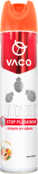 Vaco Max spray na pluskwy i owady, biała puszka z czerwoną etykietą, pomarańczową nakrętką i grafiką brzoskwini.