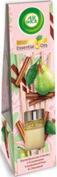 Air Wick patyczki zapachowe Essential Oils, Karmelizowana Gruszka & Cynamon. Różowe opakowanie, widok przód.