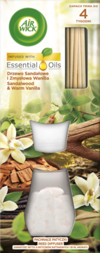 AIR WICK Essential Oils ,patyczki zapachowe, Drzewo Sandałowe i Zmysłowa Wanilia,przód
