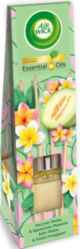 Air Wick patyczki zapachowe Melon & Plumeria, zielone opakowanie Essential Oils, z butelką widoczną przez okienko.