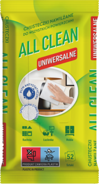 Jaskrawożółte uniwersalne chusteczki nawilżane ALL CLEAN do sprzątania, przód opakowania, 52 sztuki.