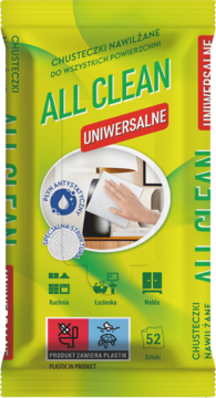 Jaskrawożółte uniwersalne chusteczki nawilżane ALL CLEAN do sprzątania, przód opakowania, 52 sztuki.