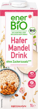 EnerBIO Bio Hafer Mandel Drink 1l, biały karton z owsem i migdałami, bez cukru, wegański. Widok z przodu.
