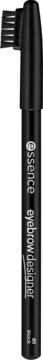 Pionowy widok czarnej kredki do brwi Essence Eyebrow Designer 01 Black ze zintegrowaną szczoteczką.