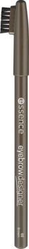 Brązowa kredka do brwi Essence Eyebrow Designer nr 02 Brown ze szczoteczką, ustawiona pionowo.