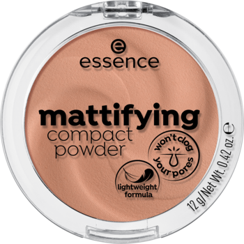 Essence Mattifying Compact Powder, beżowy, w okrągłym białym kompakcie, widok z góry.