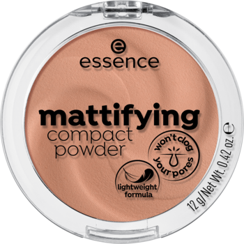 Essence Mattifying Compact Powder, beżowy, w okrągłym białym kompakcie, widok z góry.