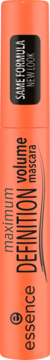 Coral Essence Maximum Definition volume mascara tube, rotated text, with 'SAME FORMULA NEW LOOK' on black label.