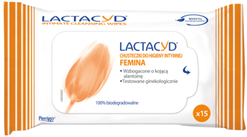 Lactacyd Femina chusteczki intymne, biało-pomarańczowe, miękkie opakowanie z napisem 'x15', ujęcie z przodu.