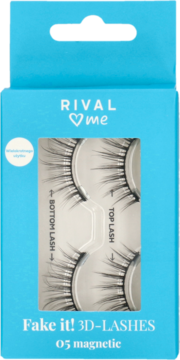 Niebieskie opakowanie magnetycznych rzęs Rival Me Fake it! 3D-LASHES 05, z widokiem na rzęsy przez okienko.