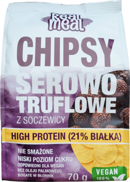 Biało-fioletowa paczka chipsów Real Meal Serowo-Truflowe z soczewicy, wegańskie, nie smażone, wysokobiałkowe, widok z przodu.